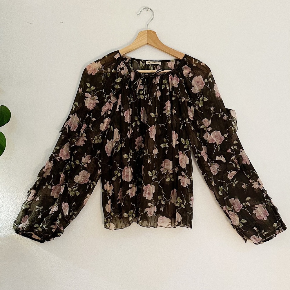 Ulla Johnson Azalea Blouse 100% Silk — Sheer Silk Ruffle Puff Sleeve Rose Shirt